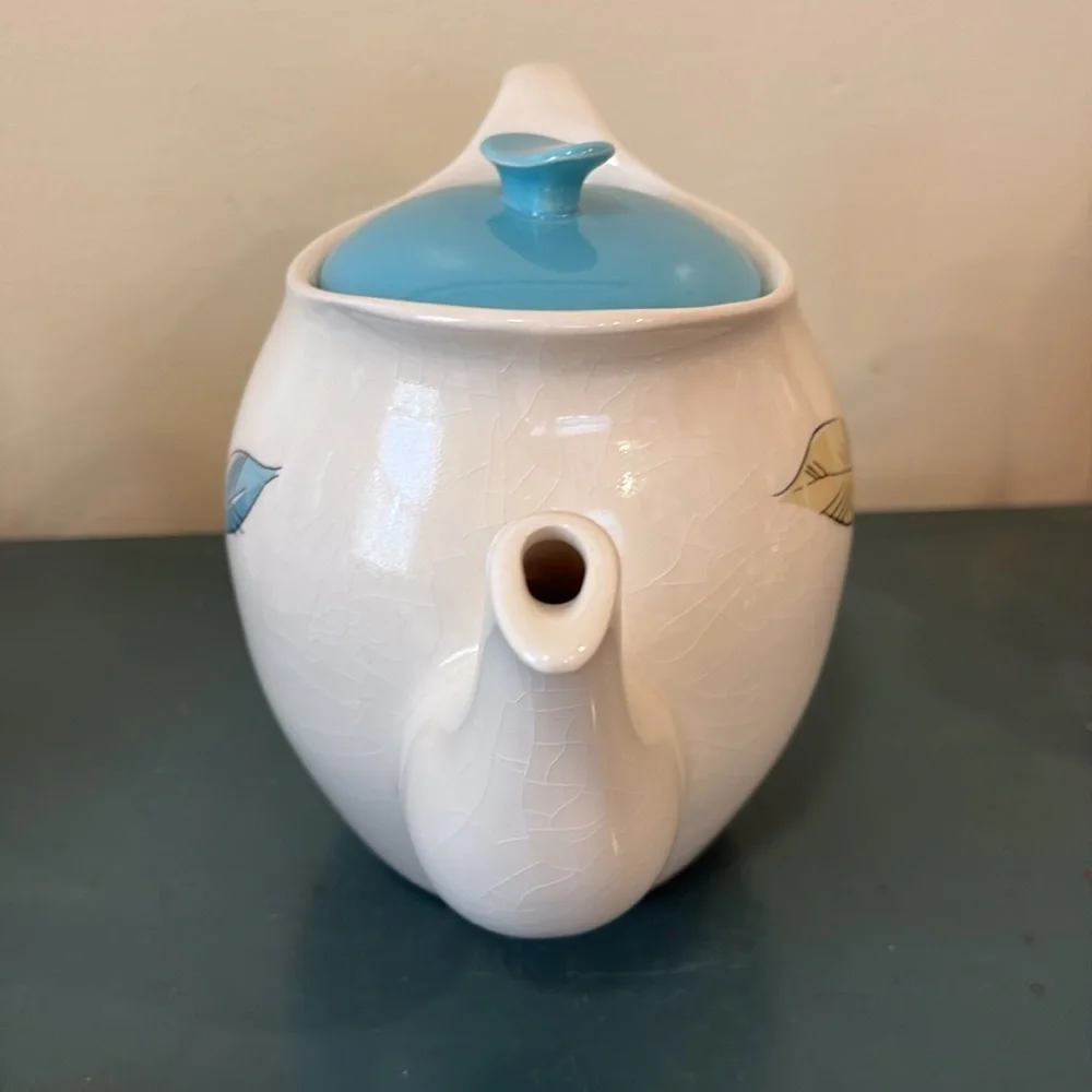 Vintage Salem China White Ceramic Teapot with Turquoise Lid and Leaf Motif